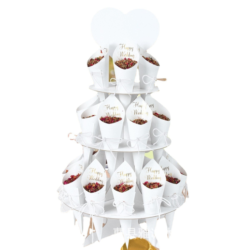 Kūrybingas medinis dvisluoksnis kūgio formos laikymo stovas kiaušinių ritinėlių torto vamzdelio ekspozicijos stovas vestuvių žiedlapių konfeti vamzdelio laikiklis