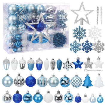 Kalėdinis 108 vnt. dovanų dėžučių rinkinys, eglutės viršūnėlė, žvaigždė, angelas, snaigė, plastikiniai dažyti kalėdiniai rutuliukai, papuošalai