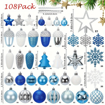 Kalėdinis 108 vnt. dovanų dėžučių rinkinys, eglutės viršūnėlė, žvaigždė, angelas, snaigė, plastikiniai dažyti kalėdiniai rutuliukai, papuošalai