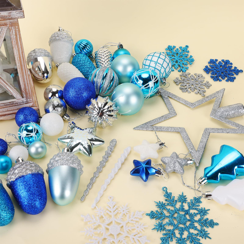 Kalėdinis 108 vnt. dovanų dėžučių rinkinys, eglutės viršūnėlė, žvaigždė, angelas, snaigė, plastikiniai dažyti kalėdiniai rutuliukai, papuošalai