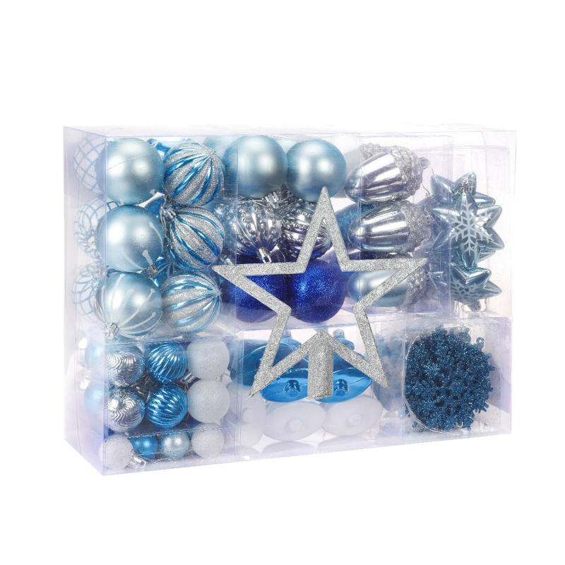 Kalėdinis 108 vnt. dovanų dėžučių rinkinys, eglutės viršūnėlė, žvaigždė, angelas, snaigė, plastikiniai dažyti kalėdiniai rutuliukai, papuošalai