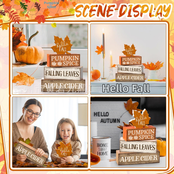 Украса за маса за Деня на благодарността, дървени орнаменти за настолни комплет от 4 части, декоративна дървена блокова многослойна декорация за сезона на реколтата