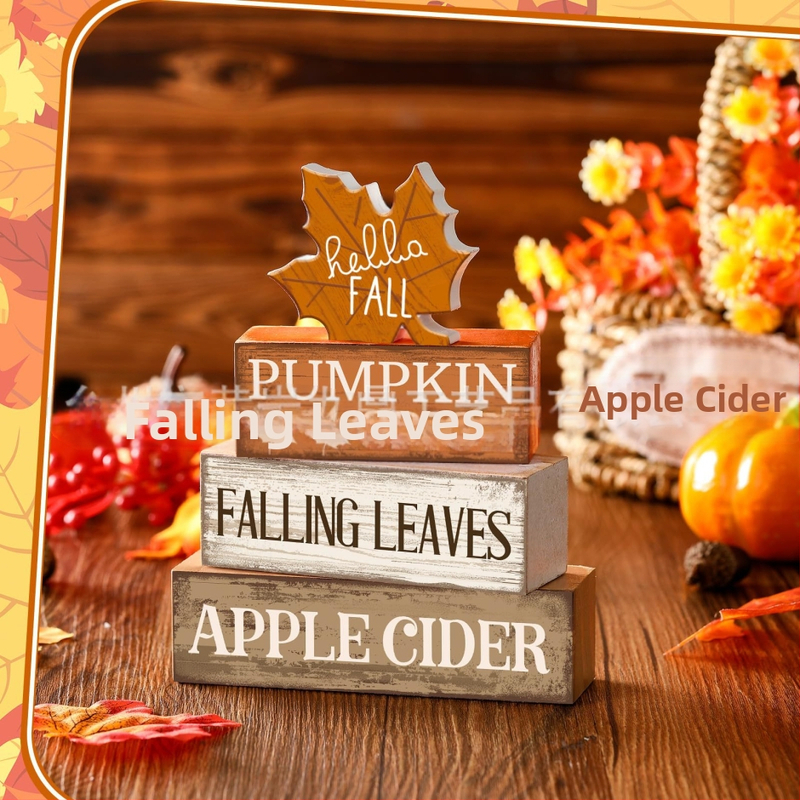 Hálaadás napi asztaldísz díszek fa díszek asztali 4 darabos szett dekoratív aratási szezon fa kockás réteges dekoráció