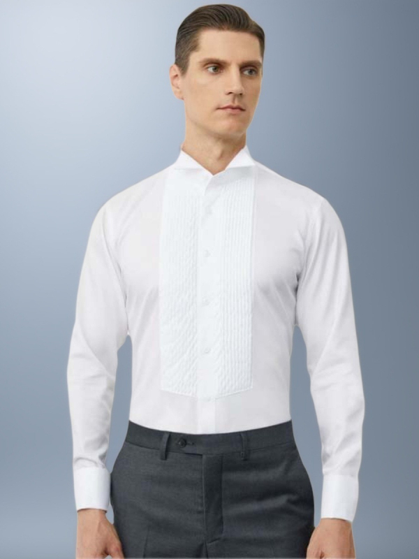 Prancūziško stiliaus suknelė su sparnuota apykakle, balti marškiniai, vyrų choro rečitalių vedėjo marškiniai, grynos medvilnės.