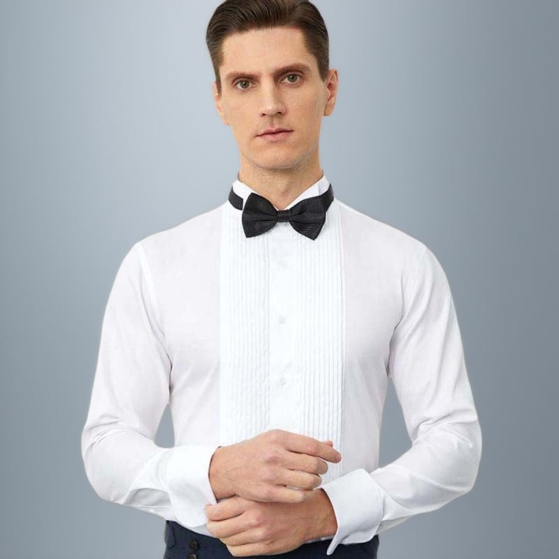 Prancūziško stiliaus suknelė su sparnuota apykakle, balti marškiniai, vyrų choro rečitalių vedėjo marškiniai, grynos medvilnės.