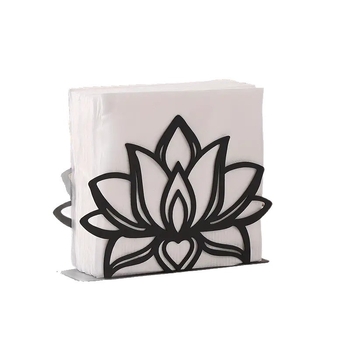 Elegantiškas juodo metalo „Lotus“ servetėlių laikiklis, madingas virtuvės ir restorano stalinių servetėlių laikiklių aksesuaras, parduodamas tarpvalstybiniu mastu.