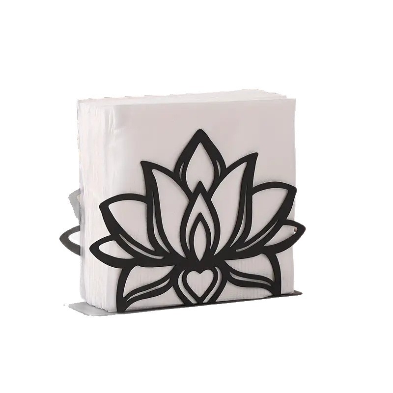 Elegantiškas juodo metalo „Lotus“ servetėlių laikiklis, madingas virtuvės ir restorano stalinių servetėlių laikiklių aksesuaras, parduodamas tarpvalstybiniu mastu.