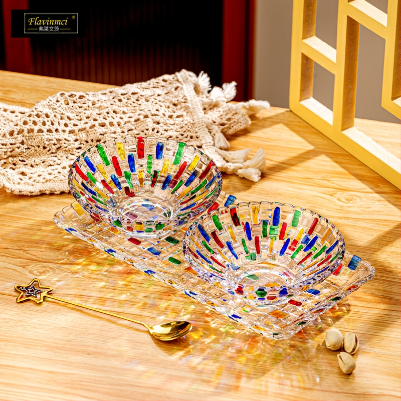 Spalvinga stiklinė džiovintų vaisių lėkštė dažytas rotango dryžuotas padėklas stiklinis dubuo deserto dubuo namų apyvokos kambario kavos staliukas vaisių lėkštė