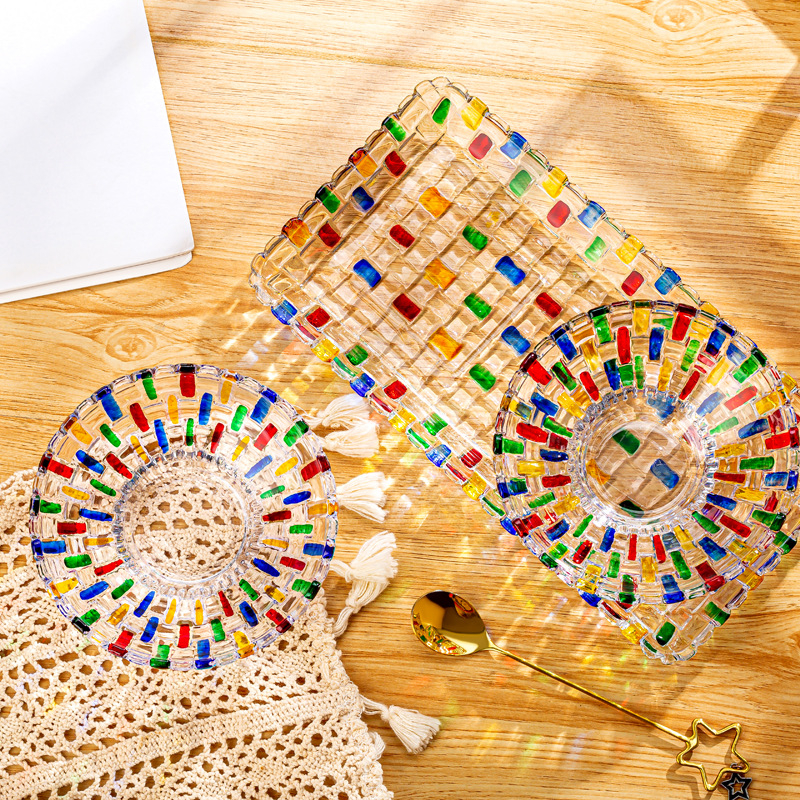 Színes üveg aszalt gyümölcstányér festett rattan csíkos tálca üvegtál desszertes tál háztartási nappali dohányzóasztal gyümölcstányér