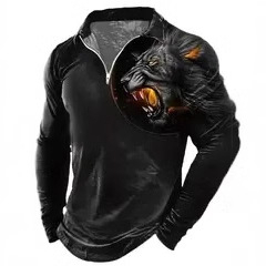 Ευρωπαϊκή και αμερικανική διασυνοριακή αγορά υψηλής μόδας Tiger Wrath 3D τυπωμένο ανδρικό μπλουζάκι POLO με μακριά μανίκια και αναπνεύσιμο φερμουάρ