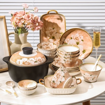 Керамични съдове Домакински съд с висока цветна стойност Камелия Подглазурна купа за ориз Супа Чиния Диск Керамични съдове за хранене костюм