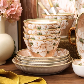 Керамични съдове Домакински съд с висока цветна стойност Камелия Подглазурна купа за ориз Супа Чиния Диск Керамични съдове за хранене костюм