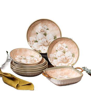 Керамични съдове Домакински съд с висока цветна стойност Камелия Подглазурна купа за ориз Супа Чиния Диск Керамични съдове за хранене костюм