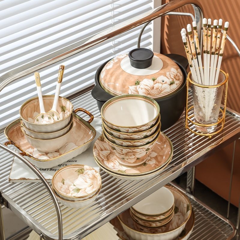 Керамични съдове Домакински съд с висока цветна стойност Камелия Подглазурна купа за ориз Супа Чиния Диск Керамични съдове за хранене костюм