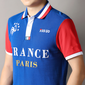 Καλοκαιρινό ανδρικό πόλο με κοντομάνικο κέντημα σε μπλε χρώμα με χαλαρά γράμματα σε αντίθεση, casual, αθλητικά, γαλλικά, οπαδοί ποδοσφαίρου, Ευρώπη