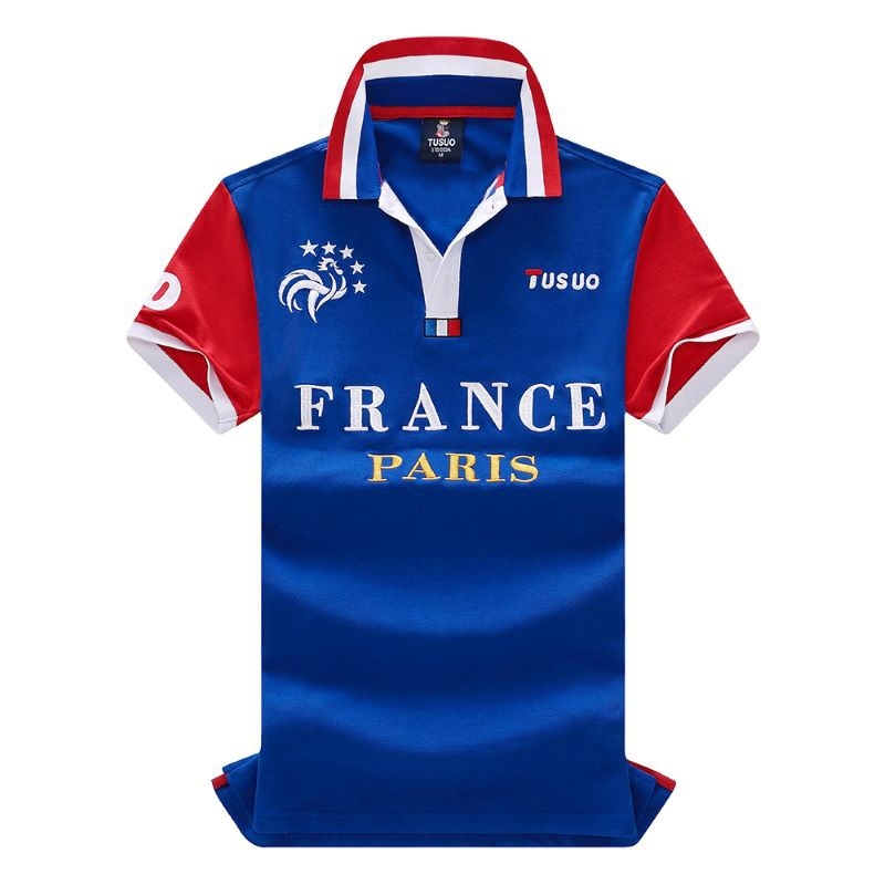 Férfi nyári póló rövid ujjú, hímzett, kék, laza betűkkel, kontrasztos, hétköznapi sport, francia futballszurkolóknak, európai mintával