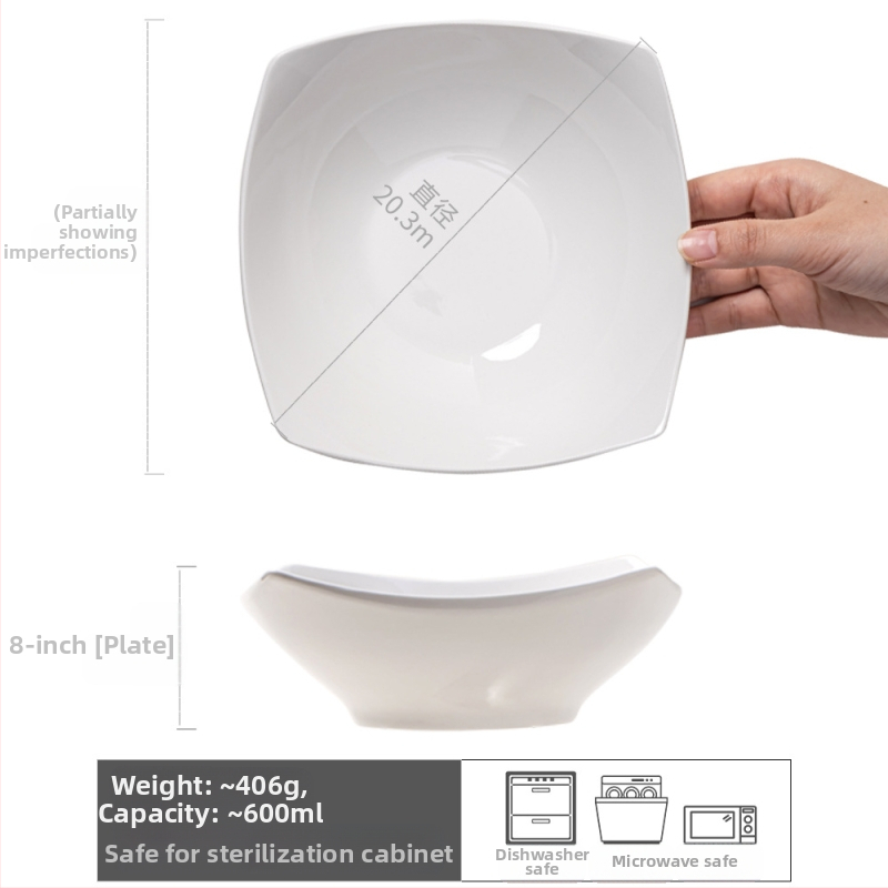 Puhasvalge lihtne ruudukujuline keraamiline ruudukujuline taldrik, disainiga erikujuline kauss, majapidamisnõude taldrik, puuviljasalati taldrik