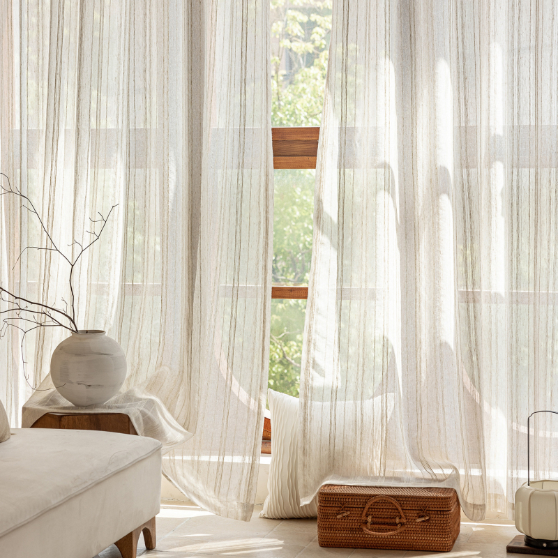 Išskirtinis tarpvalstybinis išpardavimas, japoniško paprasto stiliaus lininės dryžuotos marlės užuolaidos, permatomos apdailos užuolaidos, didmeninė prekyba.