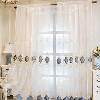 Mėlynai balta permatoma užuolaida, gatavas gaminys, tarpvalstybinis europietiško stiliaus užuolaidų langų ekranas, siuvinėta permatoma užuolaida svetainei, įlankos langui, balkonui, darbo kambariui, miegamajam