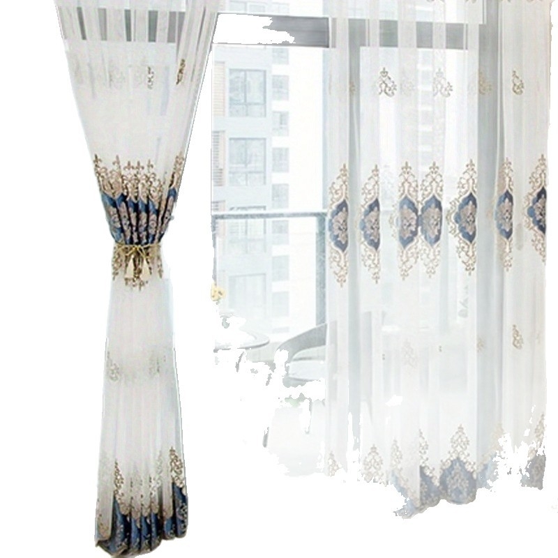 Mėlynai balta permatoma užuolaida, gatavas gaminys, tarpvalstybinis europietiško stiliaus užuolaidų langų ekranas, siuvinėta permatoma užuolaida svetainei, įlankos langui, balkonui, darbo kambariui, miegamajam