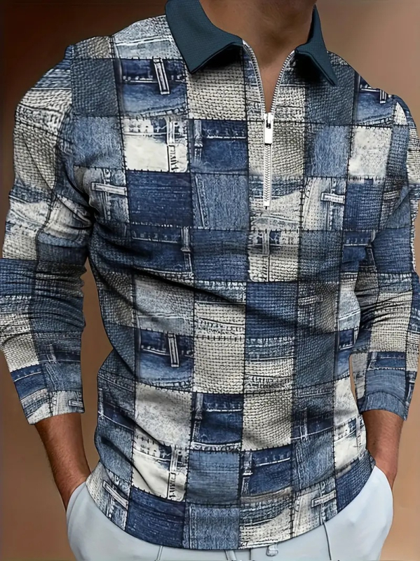 Cross Border Hot Sale Ripped Farmer 3D Nyomtatású Férfi Utcai Laza Hosszú Ujjú, Lélegző Cipzáras Galléros Póló Készleten