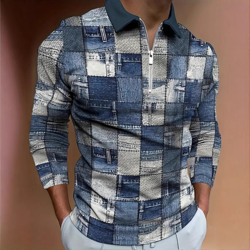 Cross Border Hot Sale Ripped Farmer 3D Nyomtatású Férfi Utcai Laza Hosszú Ujjú, Lélegző Cipzáras Galléros Póló Készleten