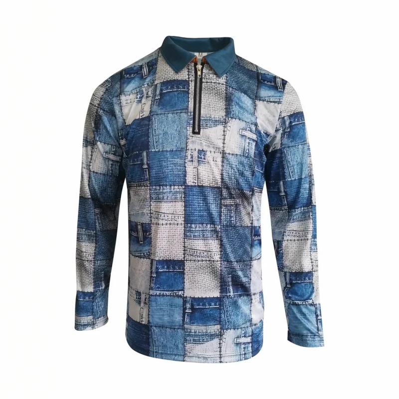 Cross Border Hot Sale Ripped Farmer 3D Nyomtatású Férfi Utcai Laza Hosszú Ujjú, Lélegző Cipzáras Galléros Póló Készleten