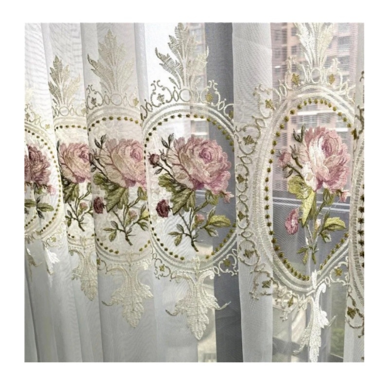 Prabangios amerikietiškos bijūnų siuvinėjimo tiulio užuolaidos svetainei, europietiškos elegantiškos gėlės, siuvinėtos permatomos voilės miegamojo langui