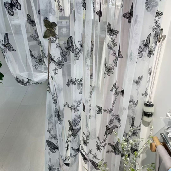 Prancūziškas juodo drugelio siuvinėjimas „Ambience Sense Gauze“ užuolaida svetainei, miegamajam, balkonui, siuvinėta romantiška užuolaida „Advanced Sense Gauze“