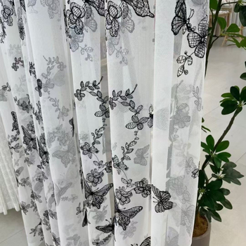 Prancūziškas juodo drugelio siuvinėjimas „Ambience Sense Gauze“ užuolaida svetainei, miegamajam, balkonui, siuvinėta romantiška užuolaida „Advanced Sense Gauze“