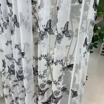 Prancūziškas juodo drugelio siuvinėjimas „Ambience Sense Gauze“ užuolaida svetainei, miegamajam, balkonui, siuvinėta romantiška užuolaida „Advanced Sense Gauze“