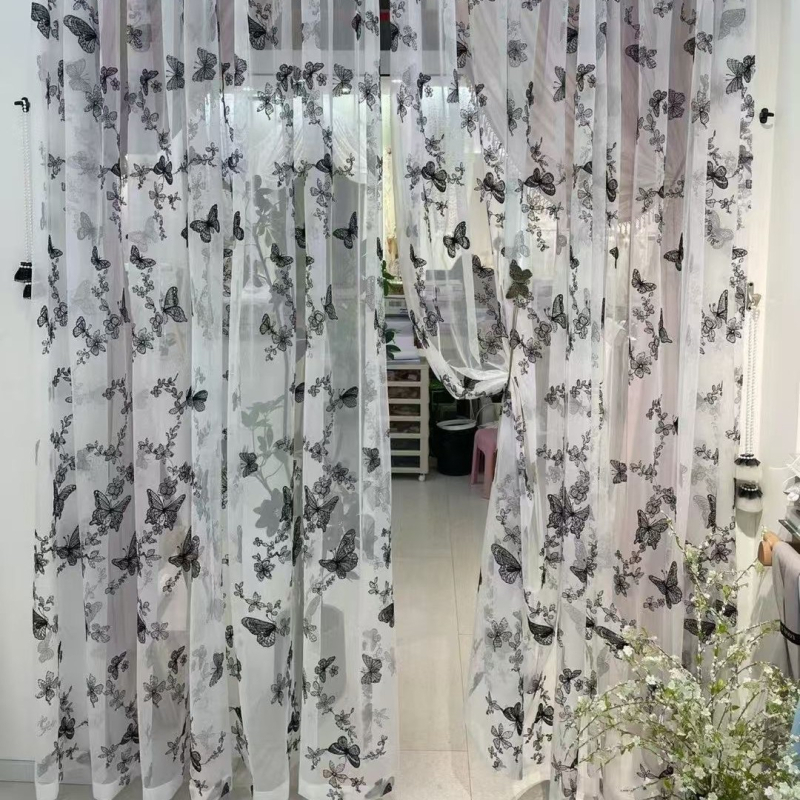 Prancūziškas juodo drugelio siuvinėjimas „Ambience Sense Gauze“ užuolaida svetainei, miegamajam, balkonui, siuvinėta romantiška užuolaida „Advanced Sense Gauze“