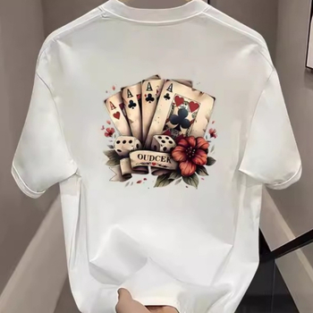 Hong Kong-i divatos amerikai kártyalap mintás rövid ujjú póló, férfi nyári, lezser páros, kerek nyakú, félujjú felső