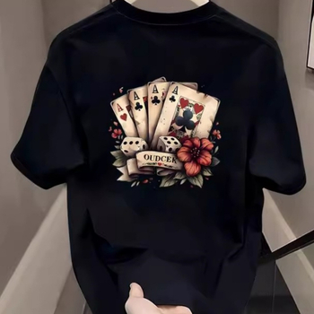 Μοντέρνο Αμερικανικό T-shirt με τυπωμένα χαρτιά και κοντομάνικο στυλ Χονγκ Κονγκ, ανδρικό καλοκαιρινό, απλό, casual μπλουζάκι για ζευγάρια με στρογγυλή λαιμόκοψη και μισό μανίκι