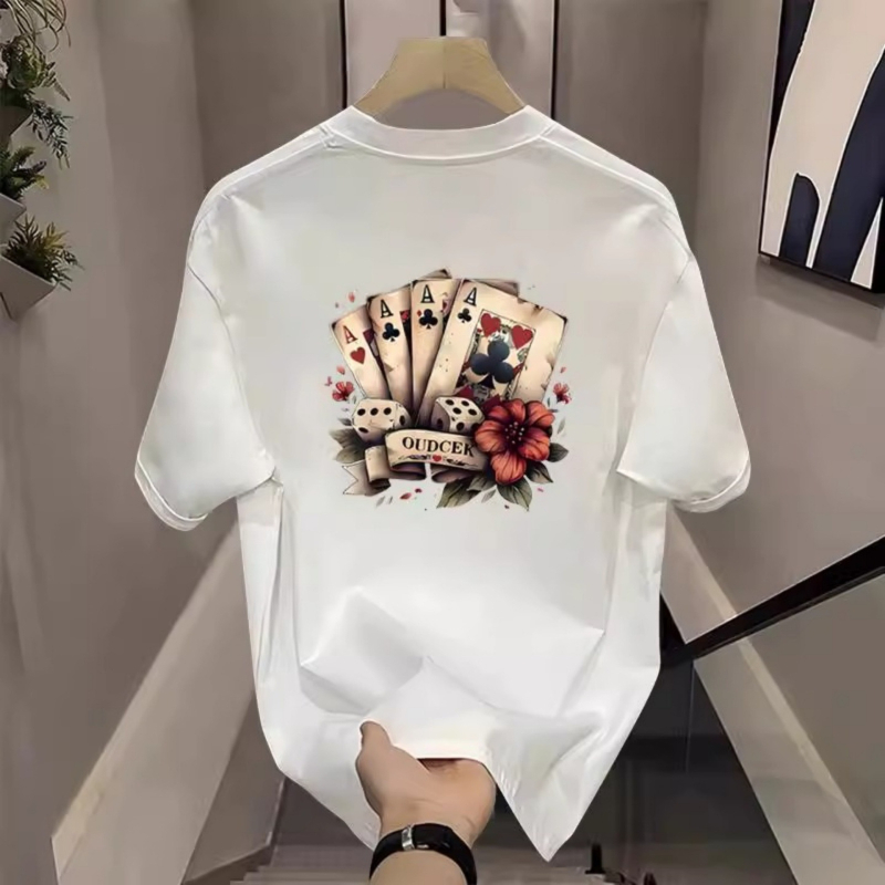 Hong Kong-i divatos amerikai kártyalap mintás rövid ujjú póló, férfi nyári, lezser páros, kerek nyakú, félujjú felső