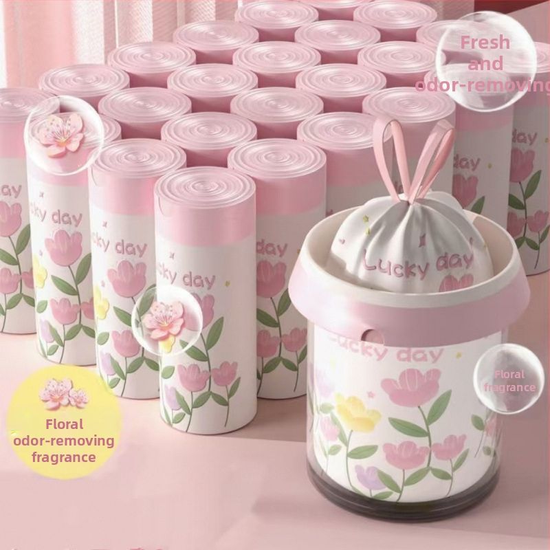 Frissített illatos szemeteszsák műanyag zacskó nyomtatott húzózsinóros zacskó háztartási hordozható automatikus záródás