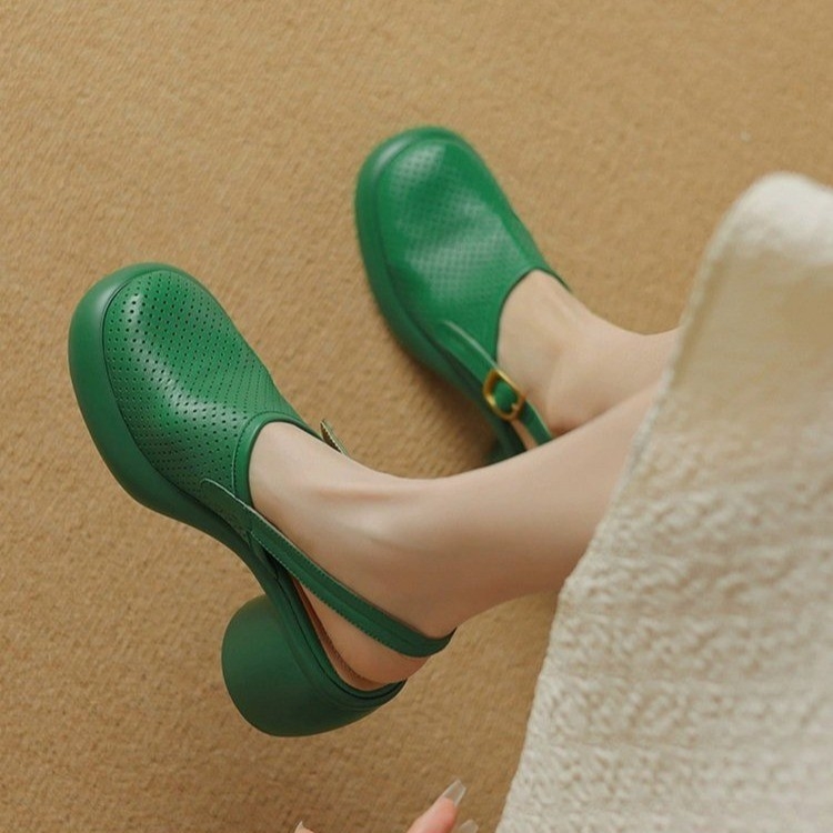 Baotou sandale s debelim potplatom za žene, prave kože, izrezane, debele pete, cipele u kavezu s uzorkom svinjetine, nove ljetne cipele s visokom potpeticom i rupom u zidu iz 2025.