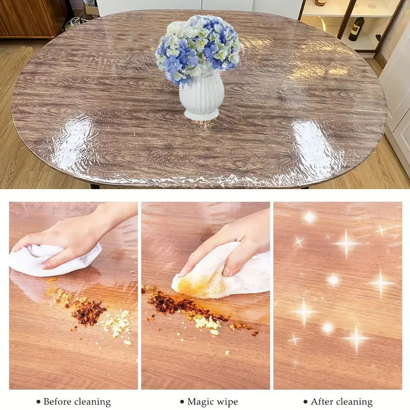 Tarpvalstybinis populiarus ovalus permatomas stalo užtiesalas, vandeniui atsparus, dulkėms atsparus, lengvai valomas staltiesė, PVC permatoma elastinė juosta, elastingas stalas