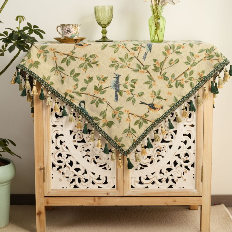 Imanaki Rhyme Jacquard terítő, zöld virág és madár, kültéri kemping piknik szőnyeg, bojtos dohányzóasztal-huzat, törölköző, éjjeliszekrény-dekoráció