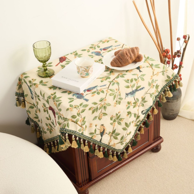 Imanaki Rhyme Jacquard terítő, zöld virág és madár, kültéri kemping piknik szőnyeg, bojtos dohányzóasztal-huzat, törölköző, éjjeliszekrény-dekoráció