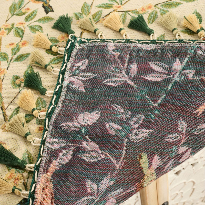 Imanaki Rhyme Jacquard terítő, zöld virág és madár, kültéri kemping piknik szőnyeg, bojtos dohányzóasztal-huzat, törölköző, éjjeliszekrény-dekoráció