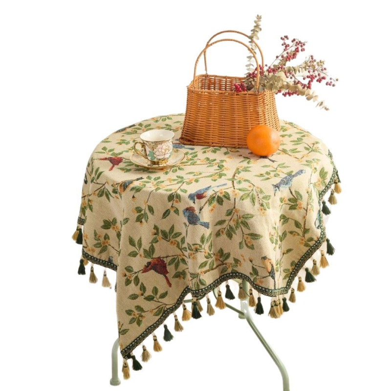 Imanaki Rhyme Jacquard terítő, zöld virág és madár, kültéri kemping piknik szőnyeg, bojtos dohányzóasztal-huzat, törölköző, éjjeliszekrény-dekoráció