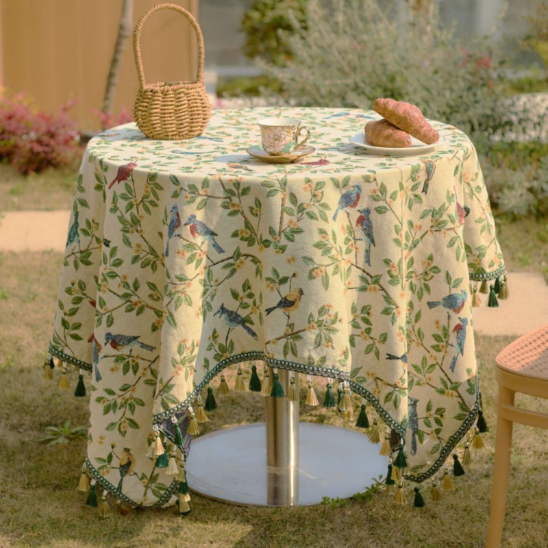 Imanaki Rhyme Jacquard terítő, zöld virág és madár, kültéri kemping piknik szőnyeg, bojtos dohányzóasztal-huzat, törölköző, éjjeliszekrény-dekoráció