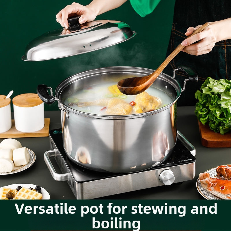 Дълбока тенджера за супа от неръждаема стомана, висока тенджера за супа, домакинска удебелена тенджера с голям капацитет за готвене, тенджера за яхния, индукционна готварска печка, газова печка, специализирана