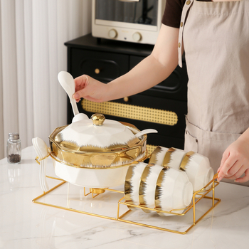 Комплект съдове за хранене с галванизиран позлатен модел от Близкия изток, трансграничен, горещо продаван, керамичен съд за супа, домакински голям леген за супа с капак и малка лъжица