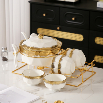 Комплект съдове за хранене с галванизиран позлатен модел от Близкия изток, трансграничен, горещо продаван, керамичен съд за супа, домакински голям леген за супа с капак и малка лъжица