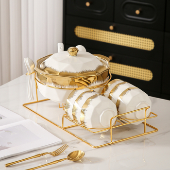 Комплект съдове за хранене с галванизиран позлатен модел от Близкия изток, трансграничен, горещо продаван, керамичен съд за супа, домакински голям леген за супа с капак и малка лъжица