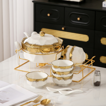 Комплект съдове за хранене с галванизиран позлатен модел от Близкия изток, трансграничен, горещо продаван, керамичен съд за супа, домакински голям леген за супа с капак и малка лъжица