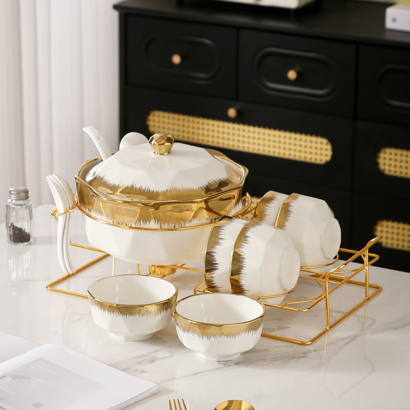 Комплект съдове за хранене с галванизиран позлатен модел от Близкия изток, трансграничен, горещо продаван, керамичен съд за супа, домакински голям леген за супа с капак и малка лъжица