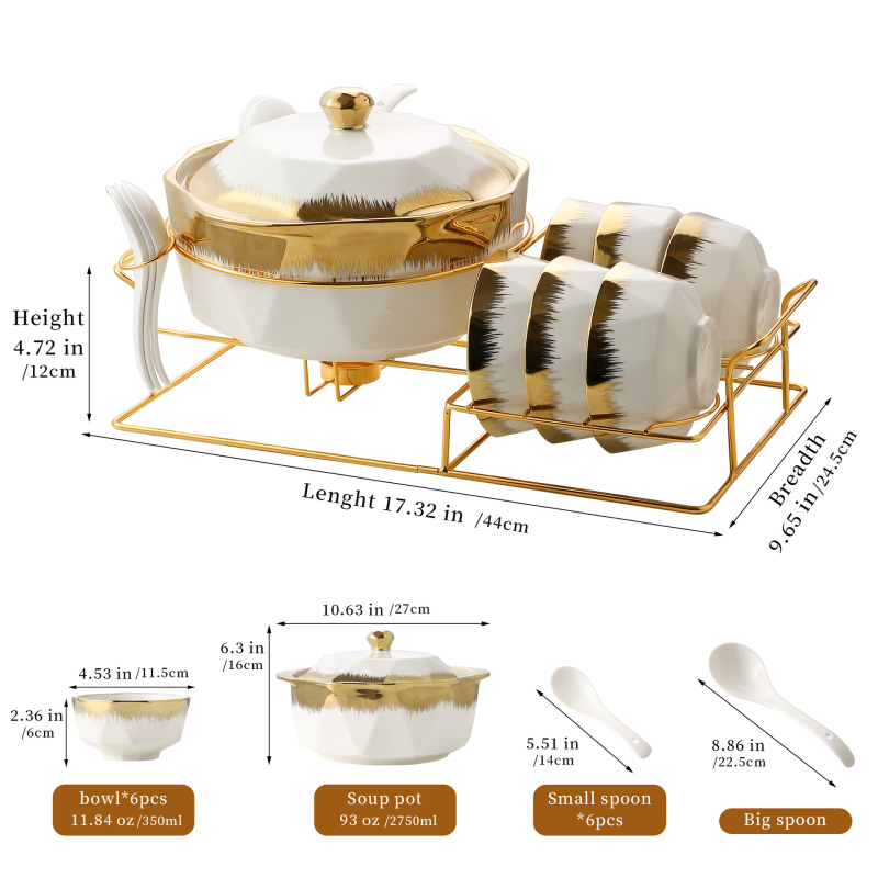 Комплект съдове за хранене с галванизиран позлатен модел от Близкия изток, трансграничен, горещо продаван, керамичен съд за супа, домакински голям леген за супа с капак и малка лъжица